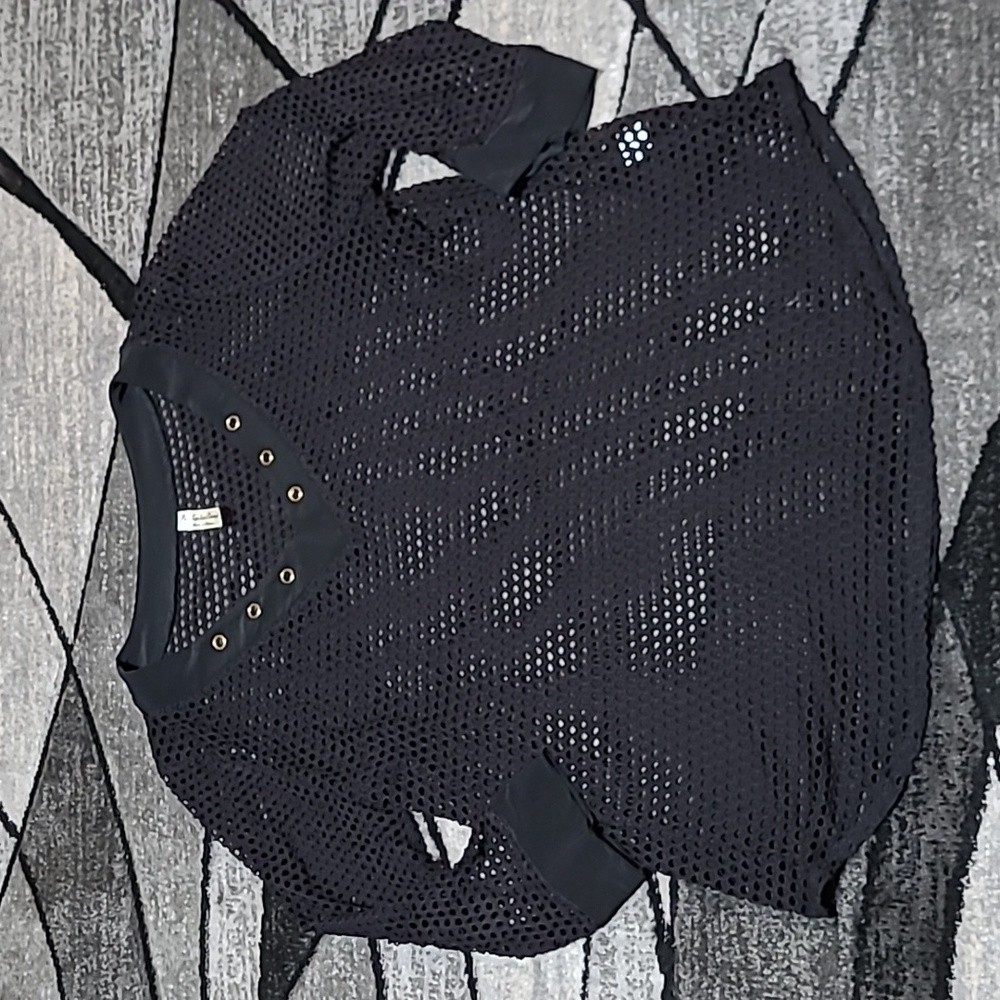 PER SEPTION CONCEPT BLACK MESH FISHNET V-NECK GROMMETS HALF-SLEEVE SHIRT